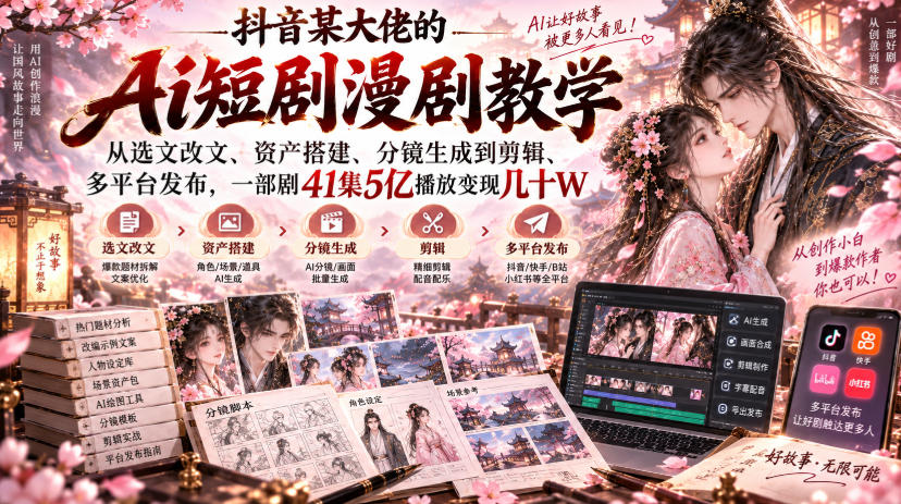 抖音某大佬的Ai短剧漫剧教学，从选文改文、资产搭建、分镜生成到剪辑、多平台发布，一部剧41集5亿播放变现几十W-保成圈-山云人力,分享创业咨询_最新网络项目资源