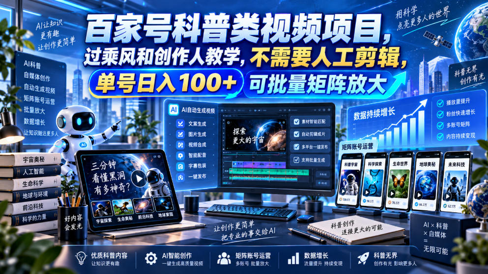 百家号科普类视频项目，过乘风和创作人教学，不需要人工剪辑，单号日入100+可批量矩阵放大-保成圈-山云人力,分享创业咨询_最新网络项目资源
