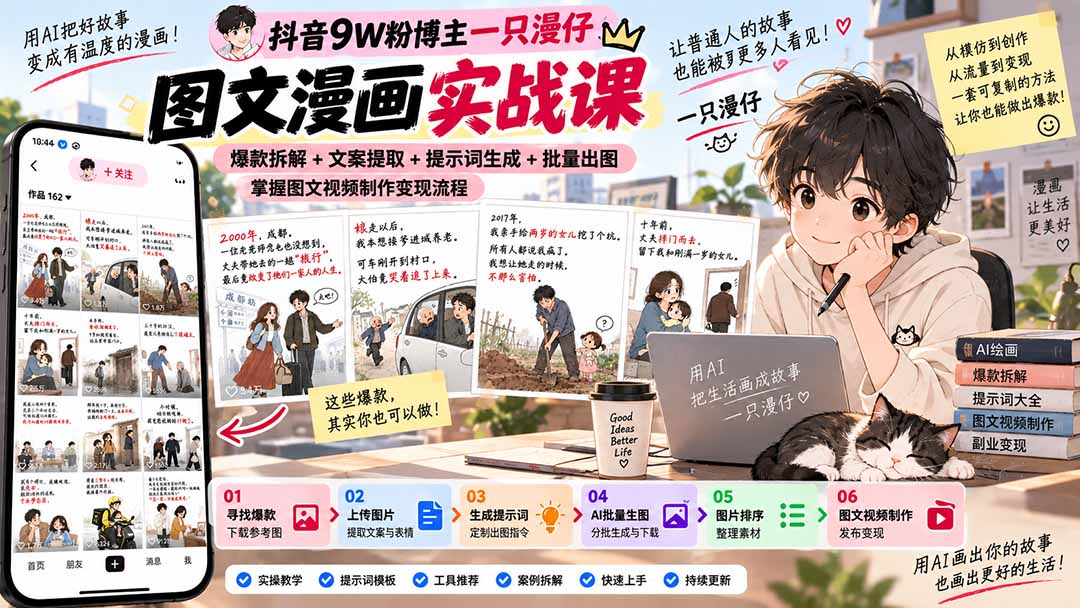 抖音9W粉博主一只漫仔图文漫画课：爆款拆解+文案提取+提示词生成+批量出图，掌握图文视频制作变现流程-保成圈-山云人力,分享创业咨询_最新网络项目资源