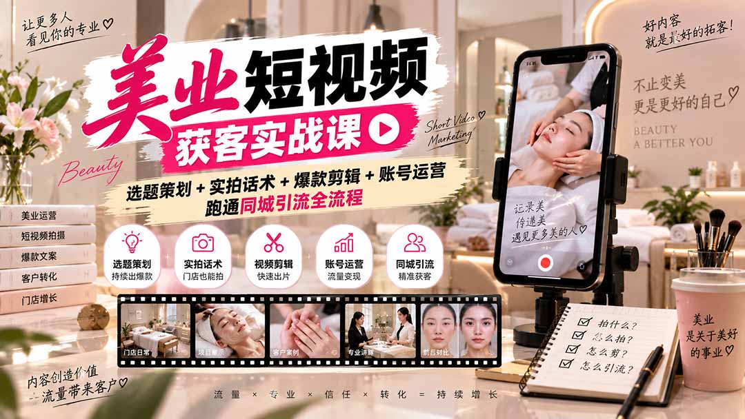 美业短视频获客实战课-无水印：选题策划+实拍话术+爆款剪辑+账号运营，跑通同城引流全流程-保成圈-山云人力,分享创业咨询_最新网络项目资源