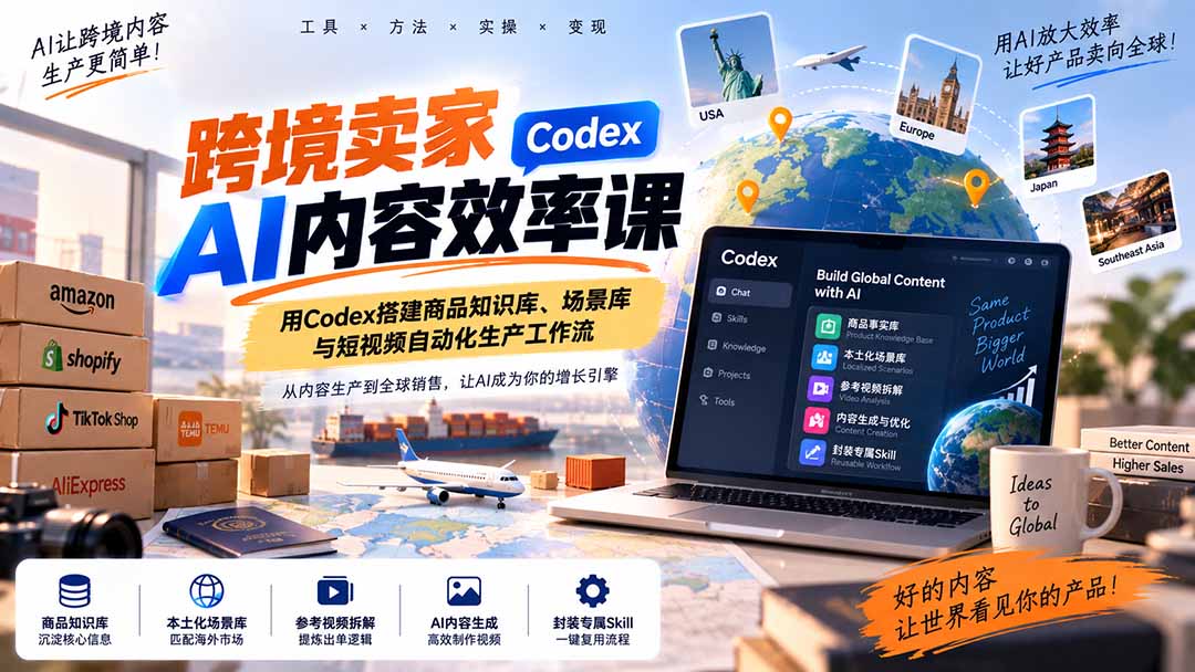 跨境卖家AI内容效率课：用Codex搭建商品知识库、场景库与短视频自动化生产工作流-保成圈-山云人力,分享创业咨询_最新网络项目资源