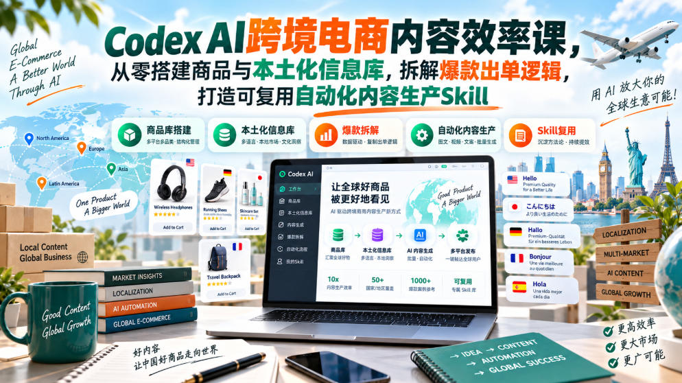 Codex AI跨境电商内容效率课，从零搭建商品与本土化信息库，拆解爆款出单逻辑，打造可复用自动化内容生产Skill-保成圈-山云人力,分享创业咨询_最新网络项目资源