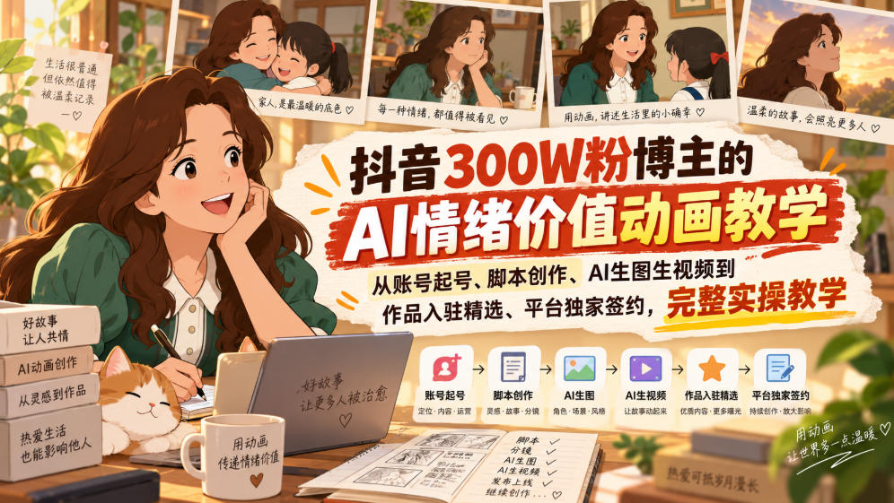 抖音300W粉博主的AI情绪价值动画教学，从账号起号、脚本创作、AI生图生视频到作品入驻精选、平台独家签约，完整实操-保成圈-山云人力,分享创业咨询_最新网络项目资源
