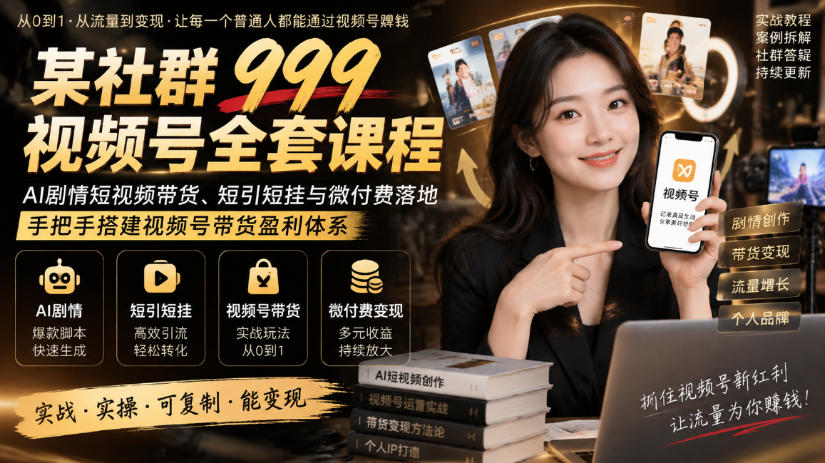 某社群999视频号全套课程，AI剧情短视频带货、短引短挂与微付费落地，手把手搭建视频号带货盈利体系-保成圈-山云人力,分享创业咨询_最新网络项目资源
