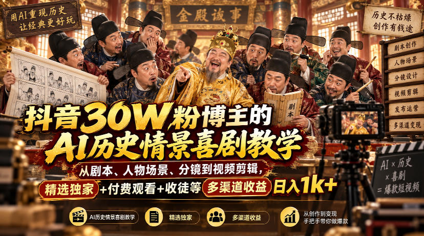 抖音30W粉博主的AI历史情景喜剧教学，从剧本、人物场景、分镜到视频剪辑，精选独家+付费观看+收徒等多渠道收益日入1k+-保成圈-山云人力,分享创业咨询_最新网络项目资源