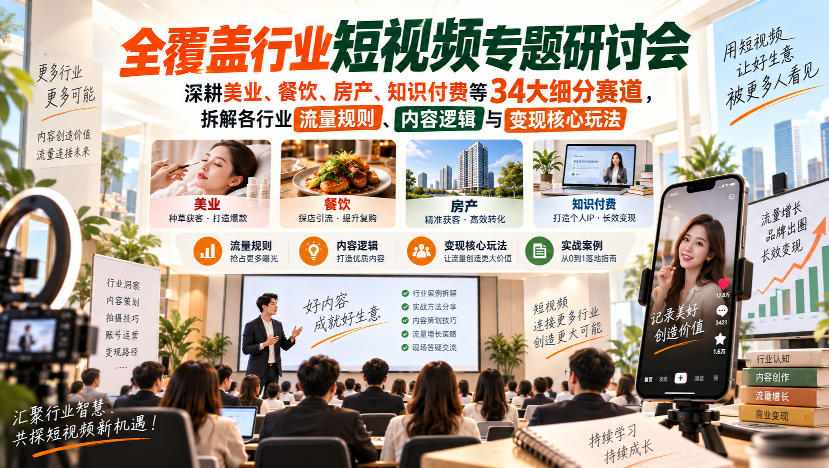 短视频专题研讨会，深耕美业、餐饮、房产、知识付费等34大细分赛道，拆解各行业流量规则、内容逻辑与变现核心玩法-保成圈-山云人力,分享创业咨询_最新网络项目资源