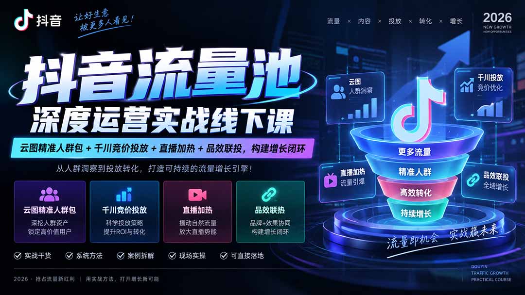抖音流量池深度运营实战线下课｜云图精准人群包+千川竞价投放+直播加热+品效联投，构建增长闭环-保成圈-山云人力,分享创业咨询_最新网络项目资源