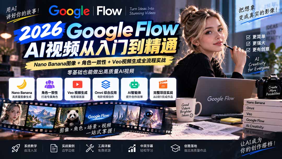 【无水印】Google Flow AI视频从入门到精通：Nano Banana图像+角色一致性+Veo视频生成全流程实战-精翻中英字幕-保成圈-山云人力,分享创业咨询_最新网络项目资源