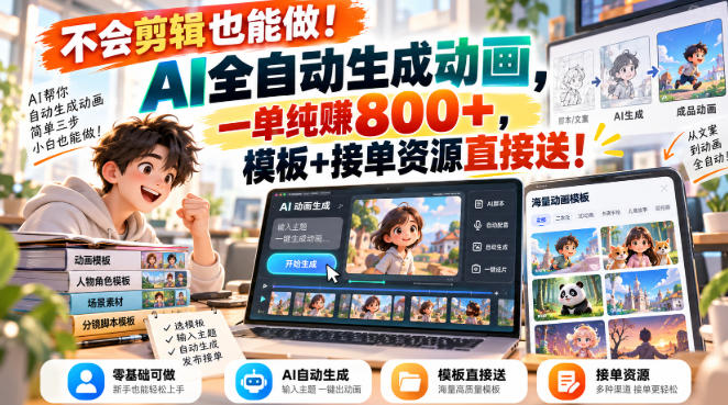 不会剪辑也能做！AI全自动生成动画，一单纯賺800+，模板+接单资源直接送！【揭秘】-保成圈-山云人力,分享创业咨询_最新网络项目资源