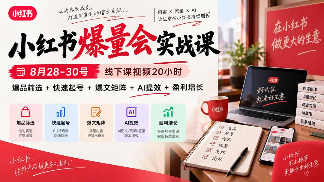 小红书爆量会实战课-更新9月23：线下课视频20小时，爆品筛选+快速起号+爆文矩阵+AI提效+盈利增长-保成圈-山云人力,分享创业咨询_最新网络项目资源