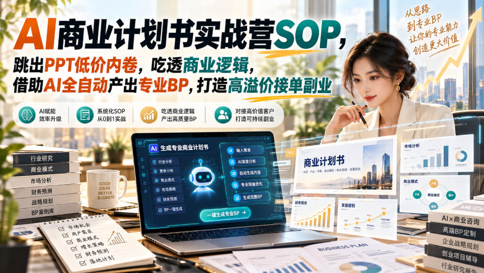 AI商业计划书实战营SOP,跳出PPT低价内卷,吃透商业逻辑,借助AI全自动产出专业BP,打造高溢价接单副业