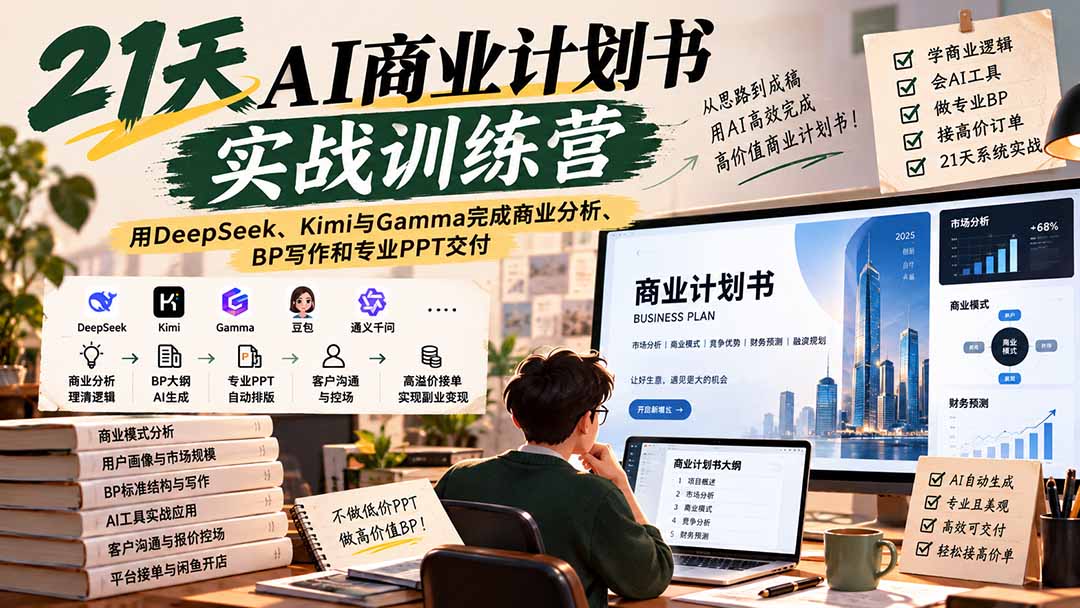 【无水印】21天AI商业计划书实战训练营：用DeepSeek、Kimi与Gamma完成商业分析、BP写作和专业PPT交付-保成圈-山云人力,分享创业咨询_最新网络项目资源