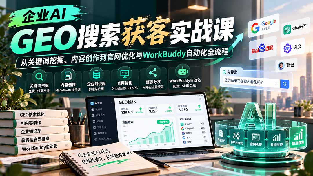 企业AI GEO搜索获客实战课：从关键词挖掘、内容创作到官网优化与WorkBuddy自动化全流程-保成圈-山云人力,分享创业咨询_最新网络项目资源