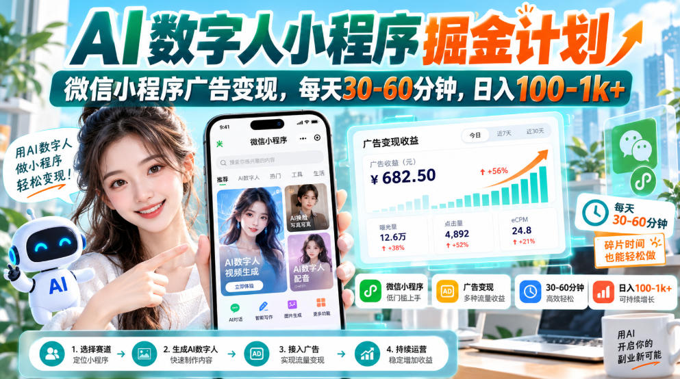 【无水印】AI数字人小程序掘金计划，微信小程序广告变现，每天30‑60分钟，日入100‑1k+-保成圈-山云人力,分享创业咨询_最新网络项目资源