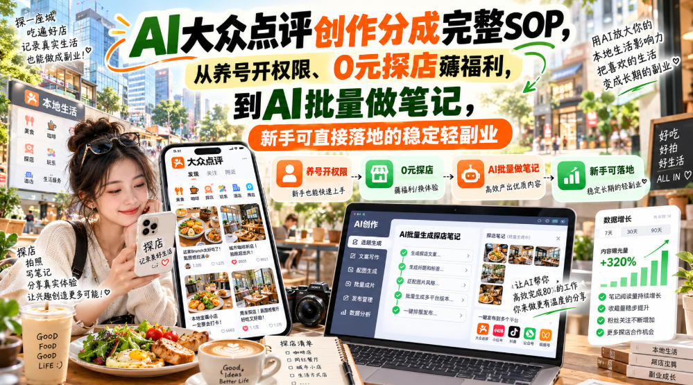 【无水印】AI大众点评创作分成完整SOP，从养号开权限、0元探店薅福利，到AI批量做笔记，新手可直接落地的稳定轻副业-保成圈-山云人力,分享创业咨询_最新网络项目资源