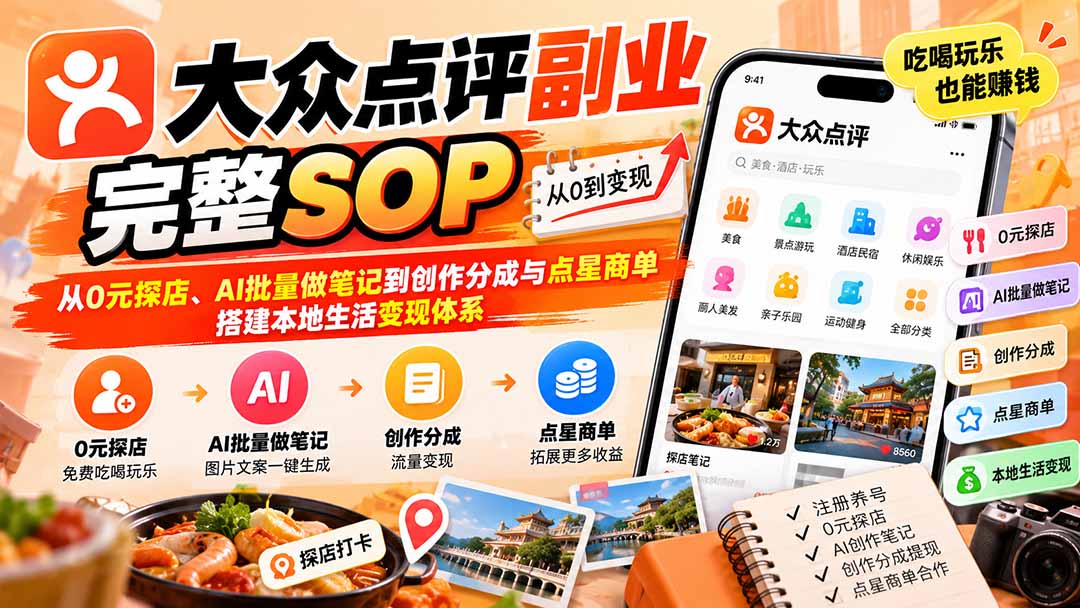 【无水印】大众点评副业完整SOP：从0元探店、AI批量做笔记到创作分成与点星商单，搭建本地生活变现体系-保成圈-山云人力,分享创业咨询_最新网络项目资源