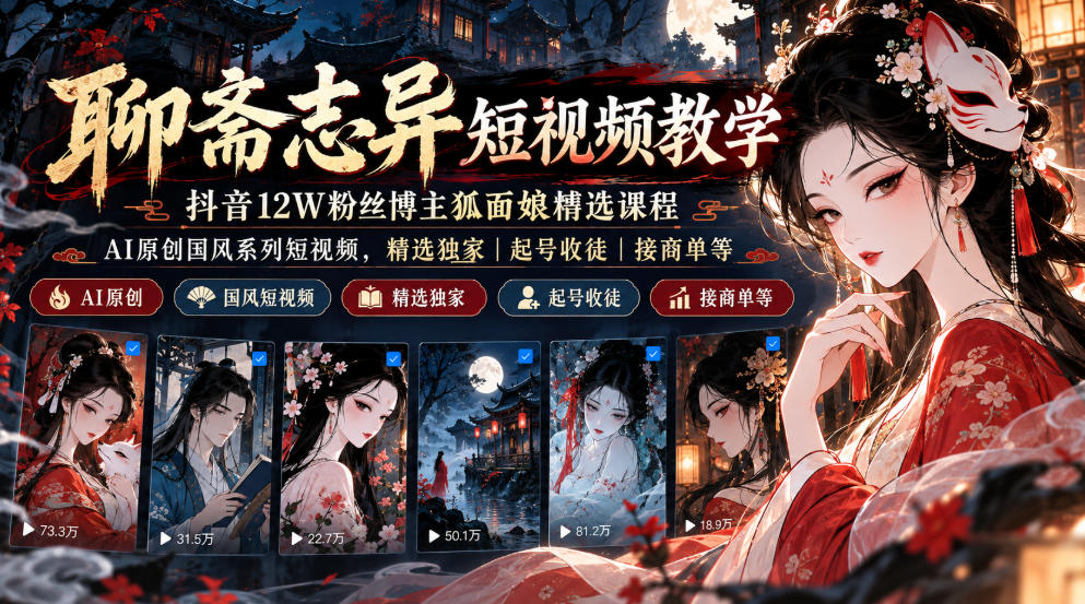 聊斋志异短视频教学,抖音12W粉丝博主狐面娘精选课程,AI原创国风系列短视频,精选独家丨起号收徒丨接商单等