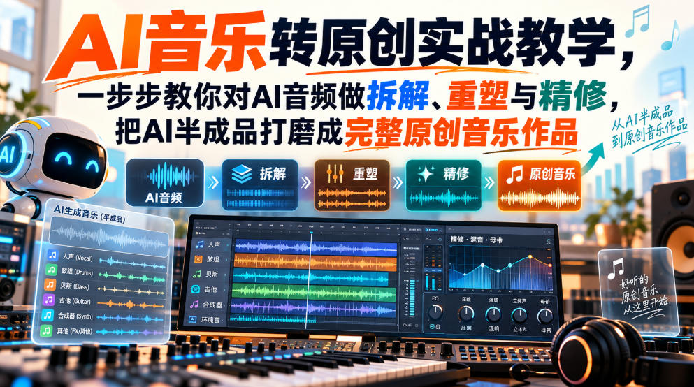 AI音乐转原创实战教学，一步步教你对AI音频做拆解、重塑与精修，把AI半成品打磨成完整原创音乐作品-保成圈-山云人力,分享创业咨询_最新网络项目资源