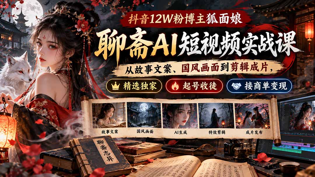 抖音12W粉博主狐面娘-聊斋AI短视频实战课：从故事文案、国风画面到剪辑成片，精选独家+起号收徒+接商单变现-保成圈-山云人力,分享创业咨询_最新网络项目资源