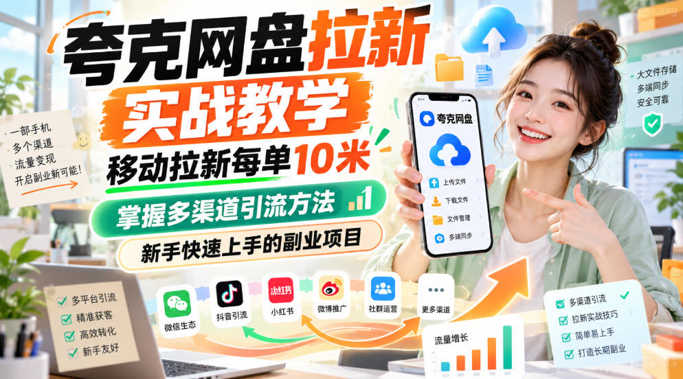 夸克网盘拉新实战教学，移动拉新每单10米，掌握多渠道引流方法，新手快速上手的副业项目-保成圈-山云人力,分享创业咨询_最新网络项目资源