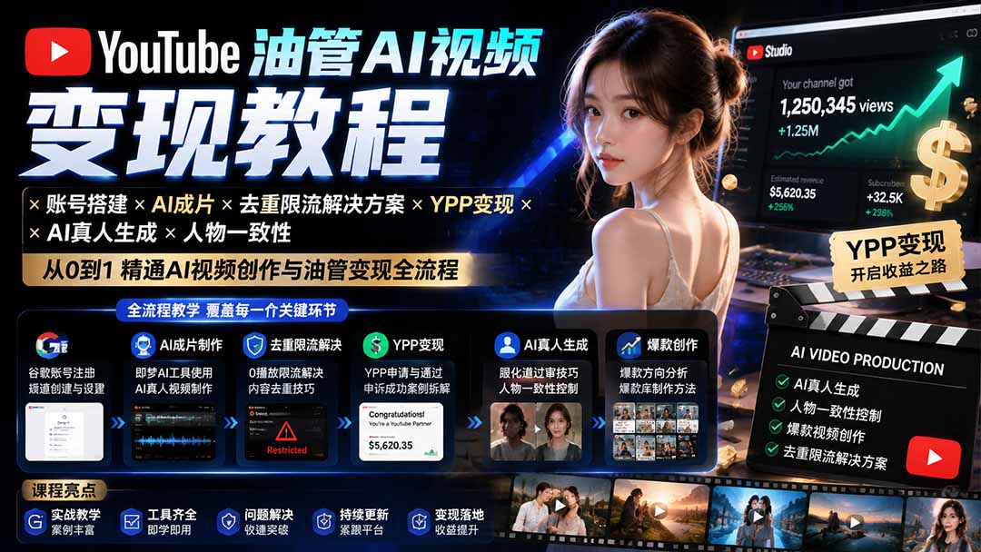 YouTube油管AI视频变现教程-更新0926：账号搭建×AI成片×去重限流解决方案×YPP变现×AI真人生成×人物一致性-保成圈-山云人力,分享创业咨询_最新网络项目资源