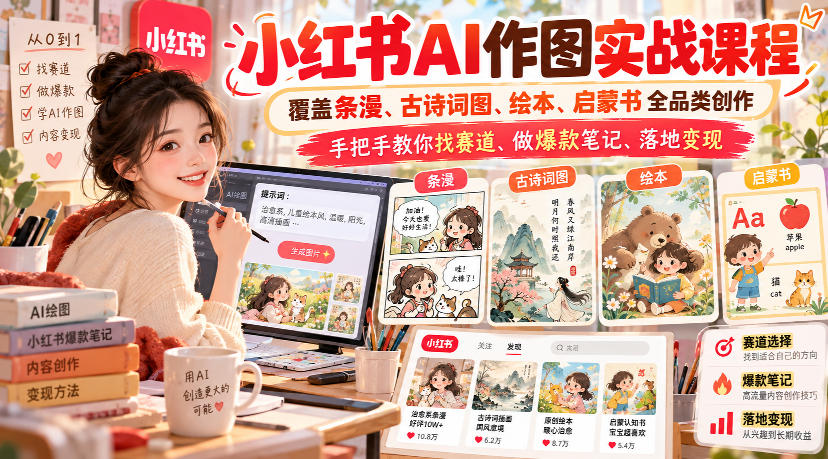 小红书AI作图实战课程，覆盖条漫、古诗词图、绘本、启蒙书全品类创作，手把手教你找赛道、做爆款笔记、落地变现-保成圈-山云人力,分享创业咨询_最新网络项目资源