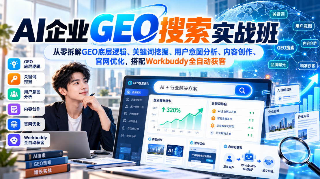 AI企业GEO搜索实战班，从零拆解GEO底层逻辑、关键词挖掘、用户意图分析、内容创作、官网优化，搭配Workbuddy全自动获客-保成圈-山云人力,分享创业咨询_最新网络项目资源