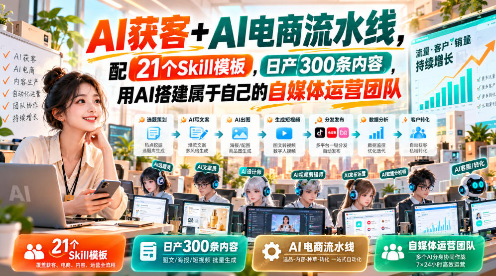 AI获客+AI电商流水线，配21个Skill模板，日产300条内容，用AI搭建属于自己的自媒体运营团队-保成圈-山云人力,分享创业咨询_最新网络项目资源