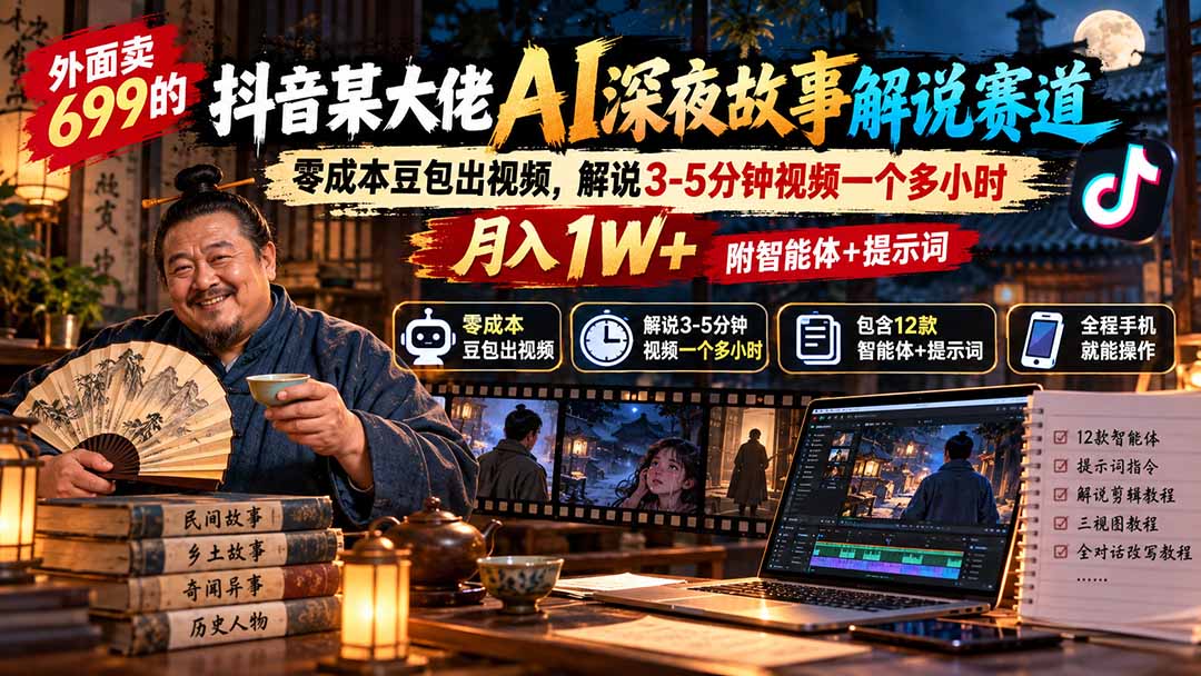 外面卖699的抖音某大佬AI深夜故事解说赛道：零成本豆包出视频，解说3-5分钟视频一个多小时，月入1W+附智能体+提示词-保成圈-山云人力,分享创业咨询_最新网络项目资源