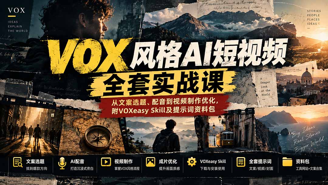 【无水印】VOX风格AI短视频全套实战课：从文案选题、配音到视频制作优化，附VOXeasy Skill及提示词资料包-保成圈-山云人力,分享创业咨询_最新网络项目资源