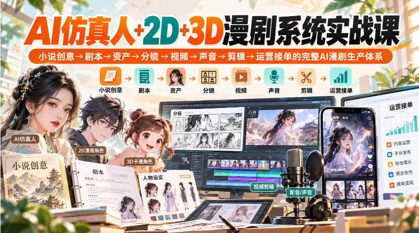 【无水印】AI仿真人+2D+3D漫剧系统实战课，小说创意→剧本→资产→分镜→视频→声音→剪辑→运营接单的完整AI漫剧生产体系-保成圈-山云人力,分享创业咨询_最新网络项目资源