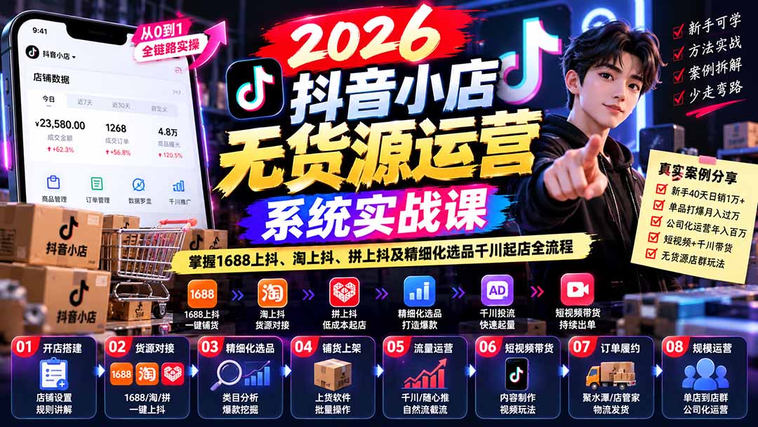 【无水印】2026抖音小店无货源运营系统实战课：掌握1688上抖、淘上抖、拼上抖及精细化选品千川起店全流程-保成圈-山云人力,分享创业咨询_最新网络项目资源