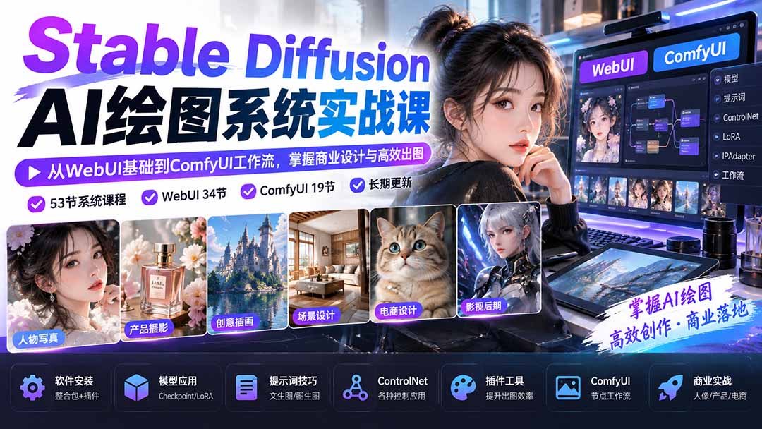 【无水印】Stable Diffusion AI绘图系统实战课：从WebUI基础到ComfyUI工作流，掌握商业设计与高效出图-保成圈-山云人力,分享创业咨询_最新网络项目资源