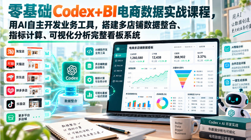 零基础Codex+BI电商数据实战课程，用AI自主开发业务工具，搭建多店铺数据整合、指标计算、可视化分析完整看板系统-保成圈-山云人力,分享创业咨询_最新网络项目资源