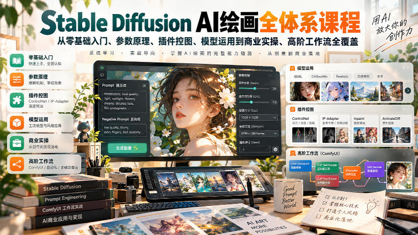 【无水印】Stable Diffusion AI绘画全体系课程，从零基础入门、参数原理、插件控图、模型运用到商业实操、高阶工作流全覆盖-保成圈-山云人力,分享创业咨询_最新网络项目资源