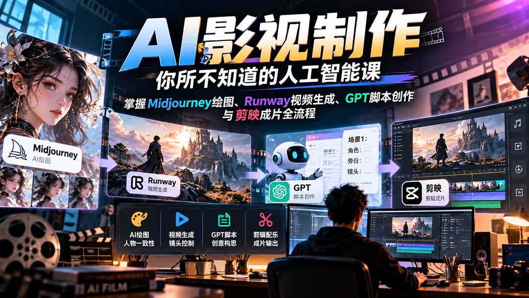 【无水印】AI影视制作-你所不知道的人工智能课，掌握Midjourney绘图、Runway视频生成、GPT脚本创作与剪映成片全流程-保成圈-山云人力,分享创业咨询_最新网络项目资源