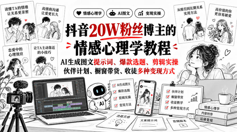 抖音20W粉丝博主静候心声的情感心理学教程，AI生成图文提示词、爆款选题、剪辑实操，伙伴计划、橱窗带货、收徒多种变现方式-保成圈-山云人力,分享创业咨询_最新网络项目资源