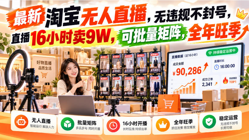 最新淘宝无人直播，无违规不封号，直播16小时卖9W，可批量矩阵，全年旺季【揭秘】-保成圈-山云人力,分享创业咨询_最新网络项目资源
