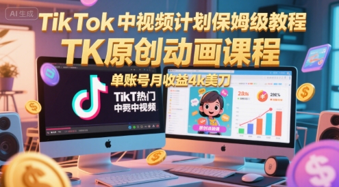 TikTok中视频计划保姆级教程，TK原创动画课程，单账号月收益4k美刀-保成圈-山云人力,分享创业咨询_最新网络项目资源