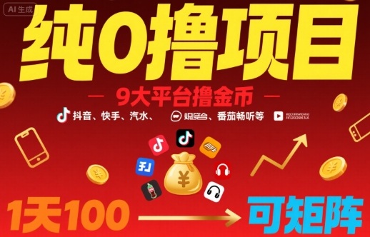 纯0撸项目，9大平台撸金币，抖音，快手，汽水，番茄畅听等，1天100，可矩阵-保成圈-山云人力,分享创业咨询_最新网络项目资源