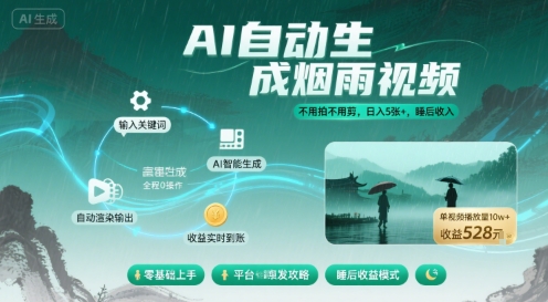 不用拍不用剪！AI自动生成烟雨视频，日入5张+，睡后收入-保成圈-山云人力,分享创业咨询_最新网络项目资源