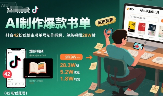 AI制作爆款书单，抖音42粉丝博主书单号制作拆解，单条视频28W赞-保成圈-山云人力,分享创业咨询_最新网络项目资源
