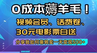0成本薅羊毛!视频会员、话费卷、30元电影票白送，分享我如何靠转卖一天变现5张+【揭秘】-保成圈-山云人力,分享创业咨询_最新网络项目资源