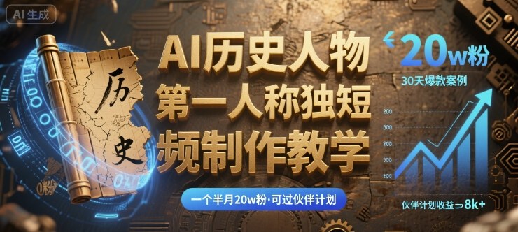 最新AI历史人物第一人称独白短视频制作教学，一个半月20w粉，可过伙伴计划-保成圈-山云人力,分享创业咨询_最新网络项目资源