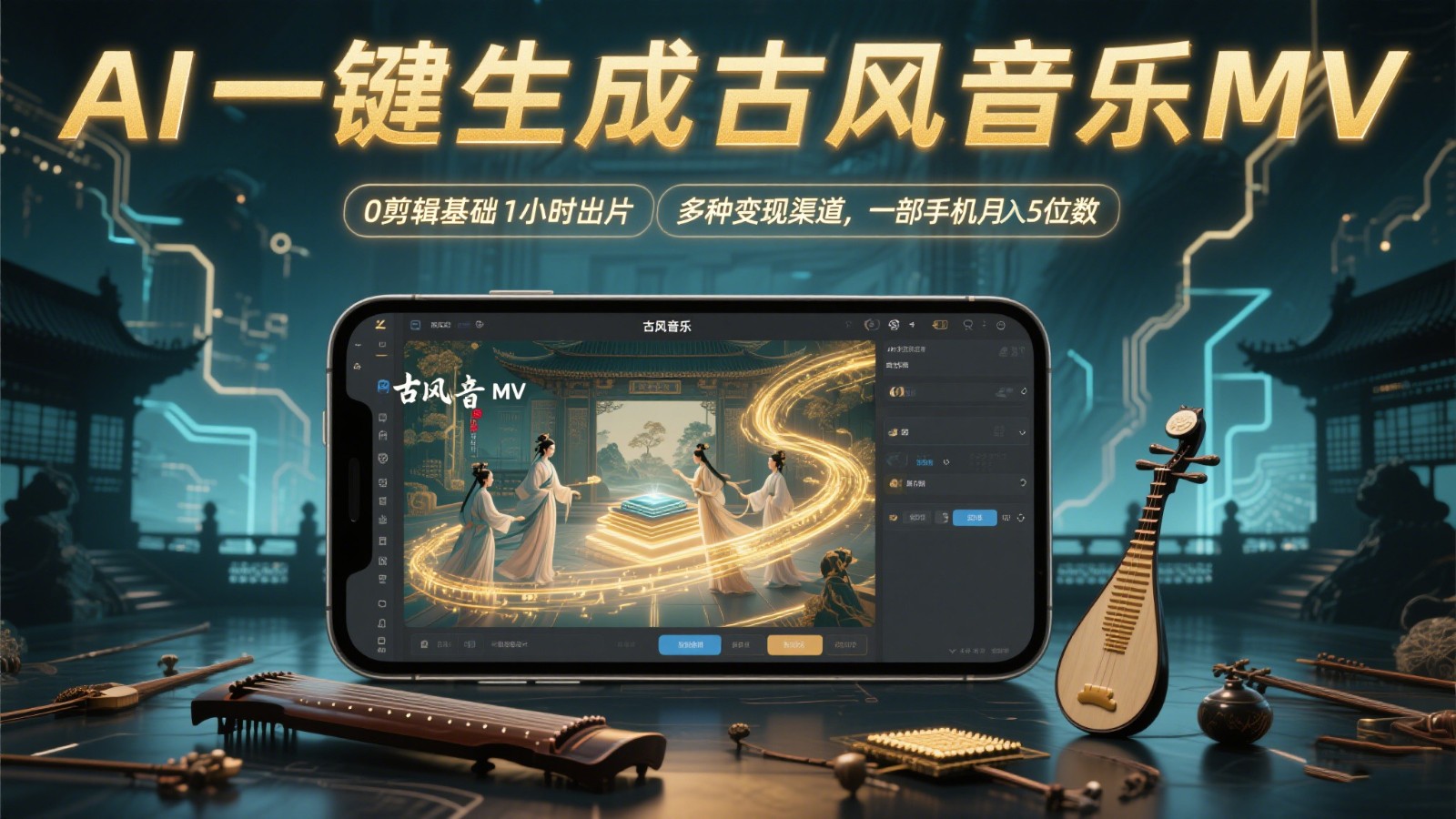 AI一键生成古风音乐MV，0剪辑基础1小时出片，多种变现渠道，一部手机月入5位数-保成圈-山云人力,分享创业咨询_最新网络项目资源