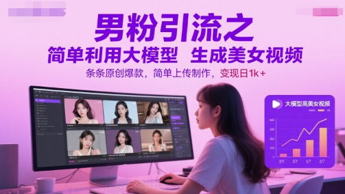 男粉引流之简单利用大模型生成美女视频，条条原创爆款，简单上传制作，变现日1k+-保成圈-山云人力,分享创业咨询_最新网络项目资源