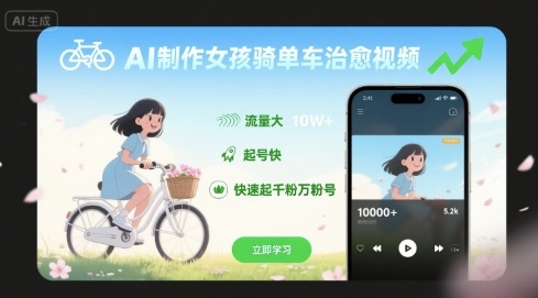 AI制作女孩骑单车治愈视频，流量大，起号快，快速起千粉万粉号-保成圈-山云人力,分享创业咨询_最新网络项目资源