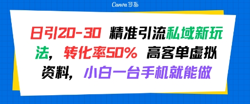 日引 20-30 精准引流私域新玩法，转化率50% 高客单虚拟资料，小白一台手机就能做-保成圈-山云人力,分享创业咨询_最新网络项目资源